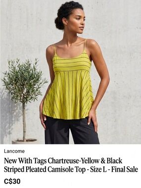 Artisanal Made in India NWT Pleated Cotton Camisole - Chartreuse Stripe - L